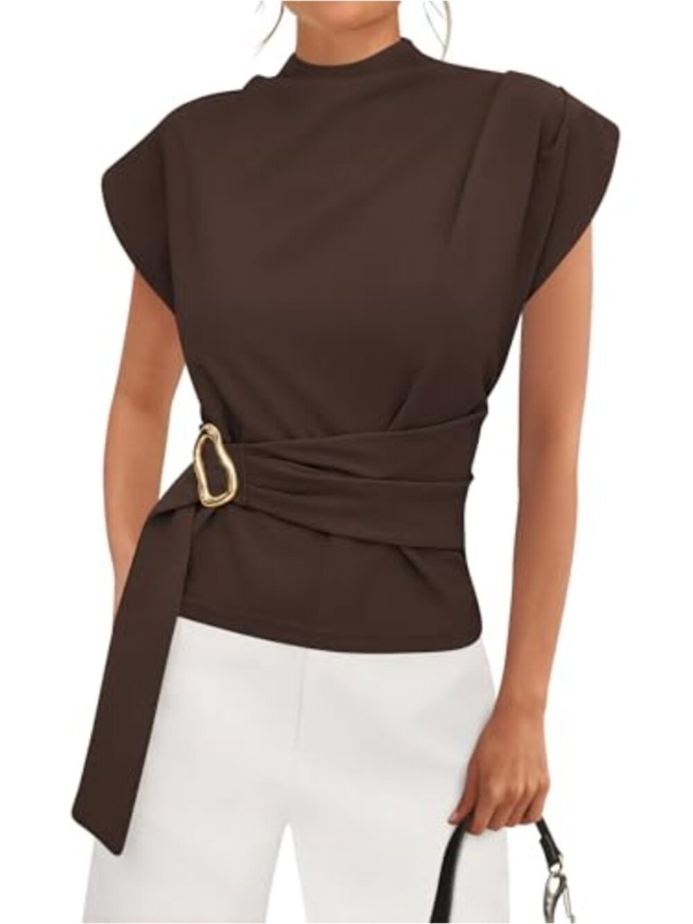 Womens Blouse Cap Sleeve Mock Neck Gold Buckle Cotton Blend Business Casual